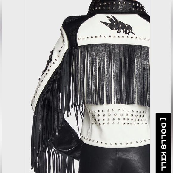 Azalea Wang two tone studded fringe leather Moto jacket - Picture 5 of 6